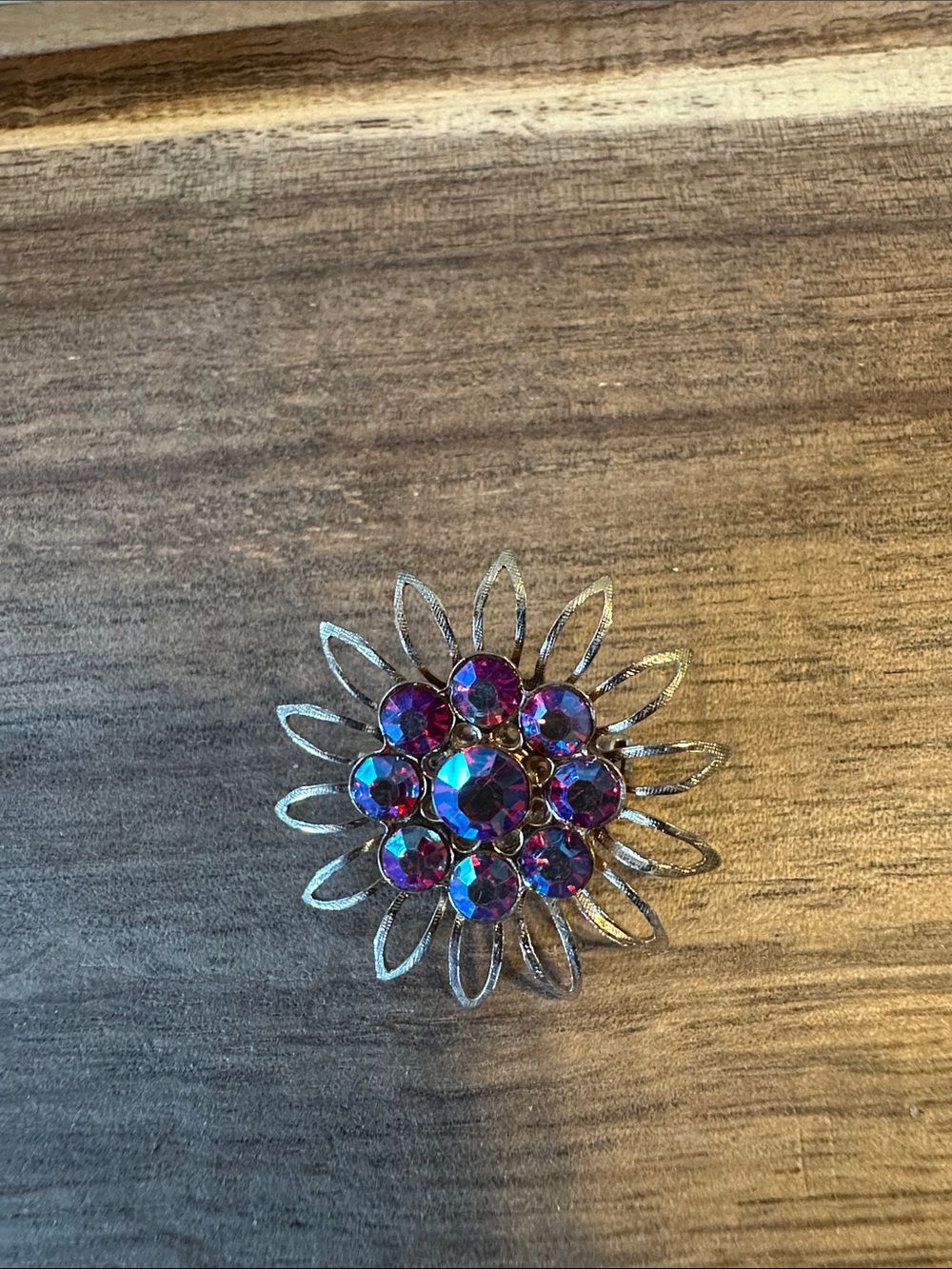 Vintage Aurora Borealis Crystal Flower Brooch - gold to copper Tone